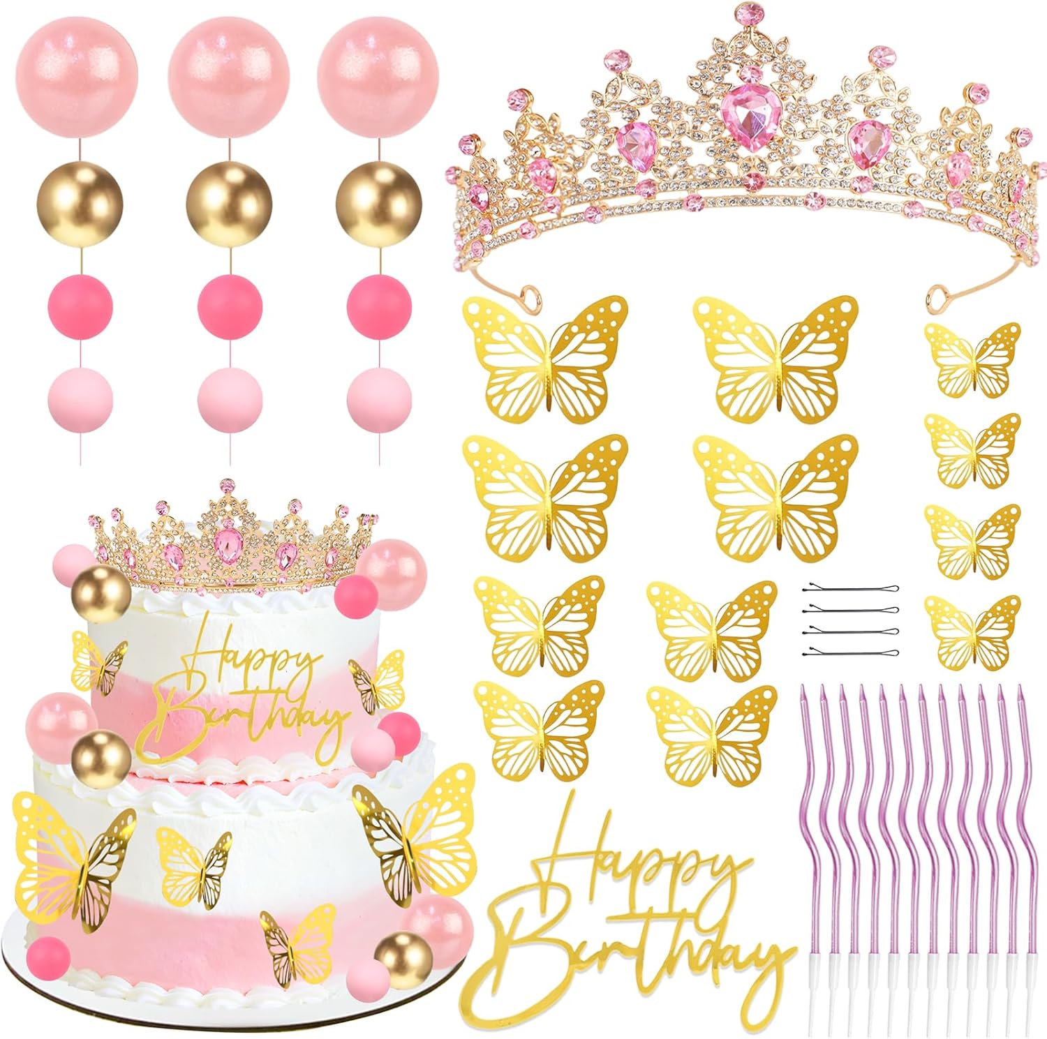 Candle. Queen - ที่ประดับเค้กทรงมงกุฎ, เทียนรูปมงกุฎสำหรับตกแต่งเค้ก ลูกบอล ผีเสื้อ ของตกแต่งเค้กสำหรับเจ้าหญิง ผู้หญิง
