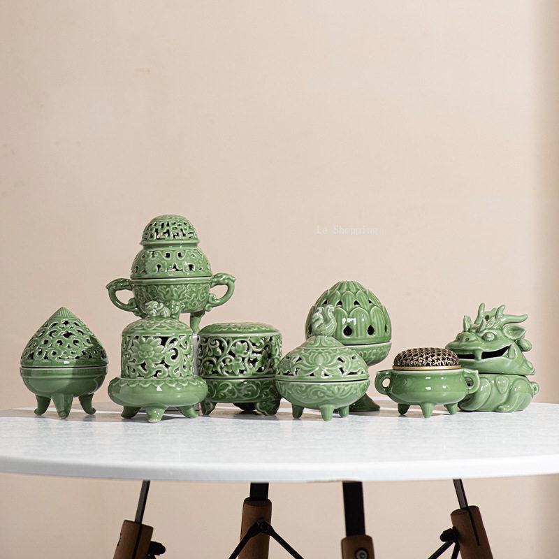 Zen Candle Supplies - เตาเผาเครื่องหอมเซรามิกสไตล์จีนเซลาดอน/ลายฉลุ ของตกแต่งภายในบ้าน ของประดับบนโต๊ะ ของตกแต่งสไตล์เซน ของใช้ทางศาสนา